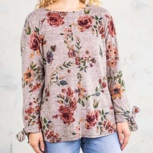 Alchemy Thread taupe floral hacci knit top size small